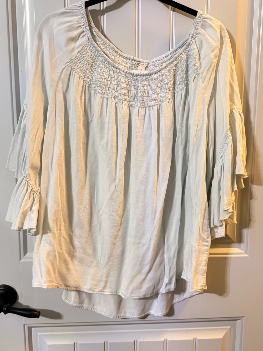Cato Pale Blue Smocked Neck Ruffle Sleeve Blouse